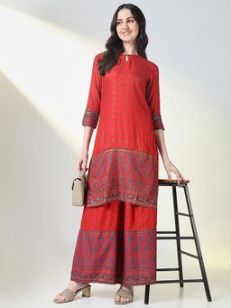 SHOWOFF - Women Red Printed Kurta with Palazzo (Set of 2)