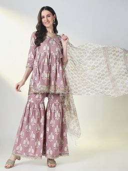 SHOWOFF - Women Purple Floral Kurti with Sharara and Dupatta (Set of 3)