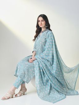 SHOWOFF - Women Blue Floral Kurta with Pant and Dupatta (Set of 3)