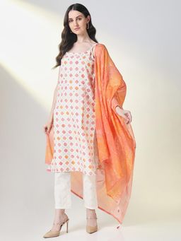 SHOWOFF - Women Cream Printed Kurta with Pant and Dupatta (Set of 3)