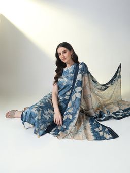 SHOWOFF - Women Blue Floral Kurta with Pant and Dupatta (Set of 3)