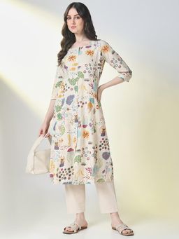 SHOWOFF - Women Cream Printed Kurta with Pant (Set of 2)