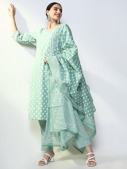 SHOWOFF - Women Green Polka Dots Kurta with Pant and Dupatta (Set of 3)