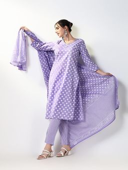 SHOWOFF - Women Lavender Polka Dots Kurta with Pant and Dupatta (Set of 3)