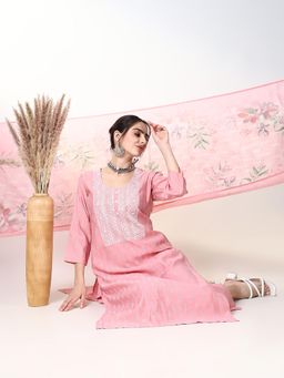 SHOWOFF - Women Pink Embroidered Kurta with Pant and Dupatta (Set of 3)