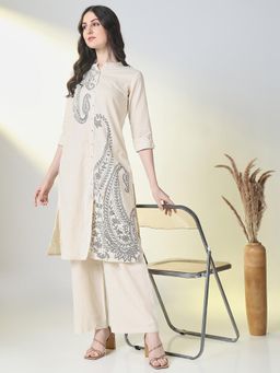 SHOWOFF - Women Cream Paisley Kurta with Palazzo (Set of 2)