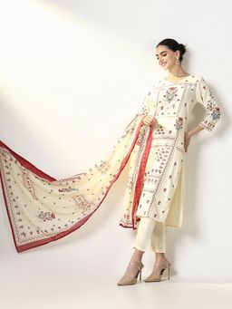 SHOWOFF - Women Cream Floral Kurta with Pant and Dupatta (Set of 3)