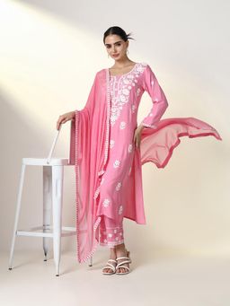 SHOWOFF - Women Pink Floral Kurta with Pant and Dupatta (Set of 3)