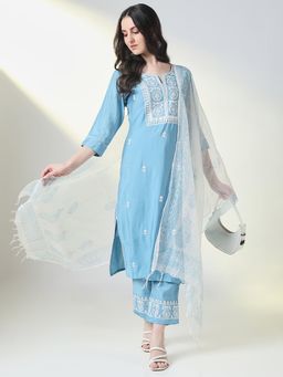 SHOWOFFFF - Women Blue Embroidered Kurta with Pant and Dupatta (Set of 3)