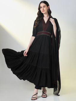 SHOWOFF - Women Black Solid Anarkali Kurta with Pant and Dupatta (Set of 3)
