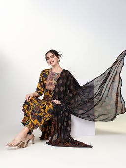 SHOWOFF - Women Yellow Embroidered Kurta with Pant and Dupatta (Set of 3)
