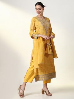 SHOWOFF - Women Yellow Embroidered Kurta with Pant, Dupatta and Potali Bag (Set of 4)