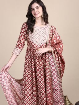 SHOWOFFFF - Women Maroon Embroidered Kurta with Pant and Dupatta (Set of 3)