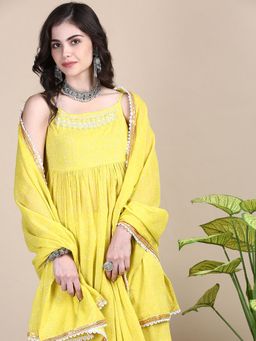 SHOWOFF - Women Yellow Embroidered Kurta with Sharara, Dupatta and Potali Bag (Set of 4)