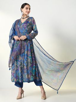 SHOWOFFFF - Women Blue Floral Angrakha with Pant and Dupatta (Set of 3)