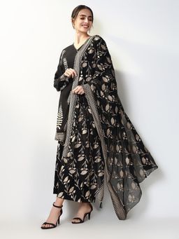 SHOWOFF - Women Black Printed Kurti with Palazzo and Dupatta (Set of 3)