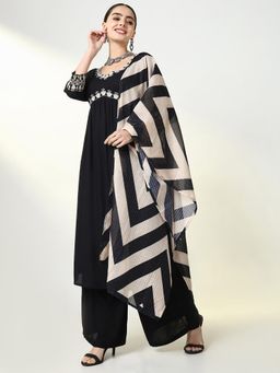 SHOWOFF - Women Black Embroidered Kurta with Pant and Dupatta (Set of 3)