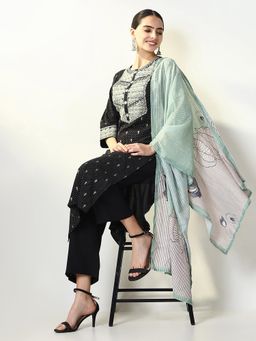 SHOWOFF - Women Black Embroidered Kurta with Pant and Dupatta (Set of 3)