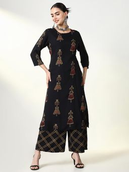 SHOWOFF - Women Black Embroidered Kurta with Palazzo (Set of 2)