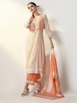 SHOWOFFFF - Women Orange Floral Kurta with Pant and Dupatta (Set of 3)