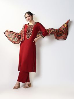 SHOWOFF - Women Red Embroidered Kurta with Pant and Dupatta (Set of 3)