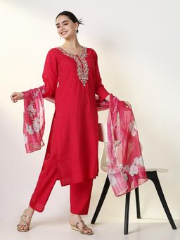 SHOWOFF - Women Red Embroidered Kurta with Pant and Dupatta (Set of 3)
