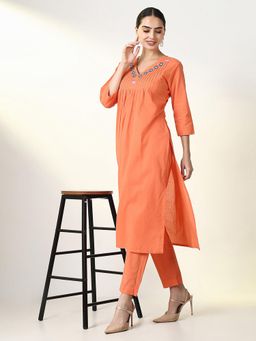 SHOWOFF - Women Orange Embroidered Kurta with Pant (Set of 2)