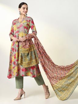 SHOWOFF - Women Green Floral Kurta with Pant and Dupatta (Set of 3)