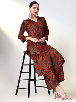 SHOWOFFFF - Women Maroon Floral Kurta with Palazzo (Set of 2)