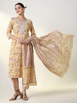 SHOWOFFFF - Women Yellow Floral Kurta with Pant and Dupatta (Set of 3)