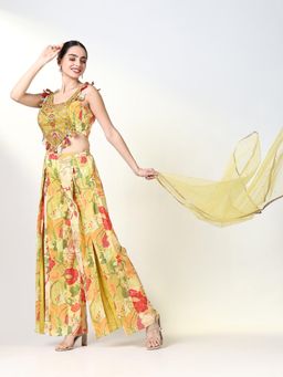 SHOWOFF - Women Green Floral Top with Palazzo and Dupatta (Set of 3)