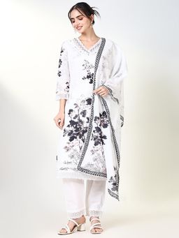 SHOWOFF - Women White Floral Kurta with Pant and Dupatta (Set of 3)