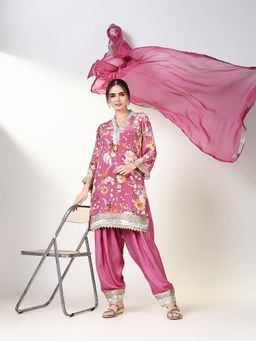 SHOWOFF - Women Pink Floral Kurti with Salwar and Dupatta (Set of 3)