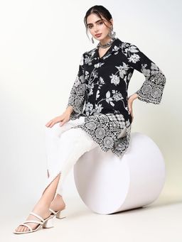 SHOWOFF - Women Black Floral Kurti with Dhoti Pant (Set of 2)