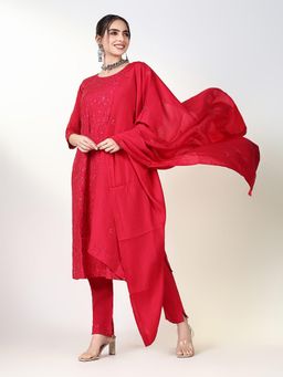 SHOWOFFFF - Women Red Embroidered Kurta with Pant and Dupatta (Set of 3)