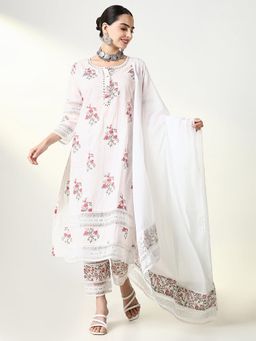 SHOWOFF - Women Off White Floral Kurta with Pant and Dupatta (Set of 3)