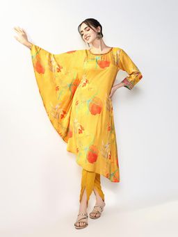 SHOWOFF - Women Yellow Floral Kurta with Dhoti Pant (Set of 2)