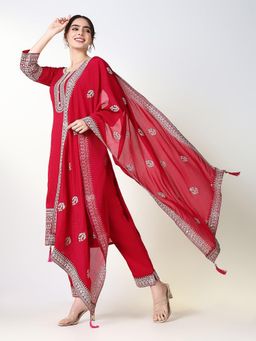 SHOWOFF - Women Red Embroidered Kurta with Pant and Dupatta (Set of 3)