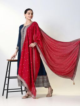 SHOWOFFFF - Women Navy Blue Embroidered Kurta with Pant and Dupatta (Set of 3)