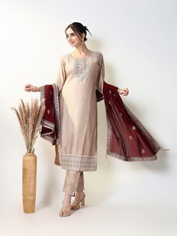 SHOWOFFFF - Women Cream Embroidered Kurta with Pant and Dupatta (Set of 3)
