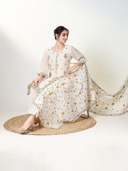 SHOWOFF - Women Off White Floral Kurta with Pant and Dupatta (Set of 3)