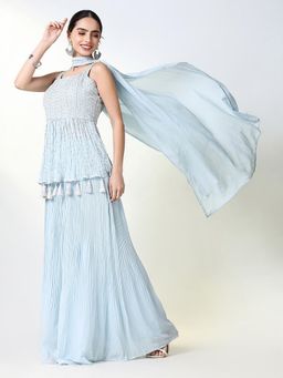 SHOWOFF - Women Blue Solid Kurti with Palazzo and Dupatta (Set of 3)