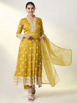 SHOWOFF - Women Mustard Embroidered Kurta with Pant and Dupatta (Set of 3)