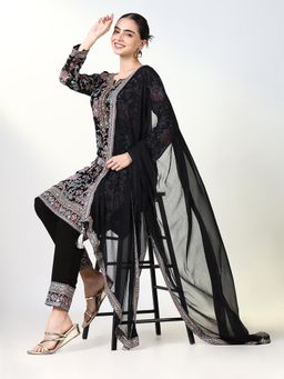 SHOWOFFFF - Women Black Embroidered Kurta with Pant and Dupatta (Set of 3)