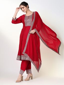 SHOWOFF - Women Pink Embroidered Kurta with Pant and Dupatta (Set of 3)