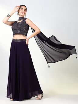 SHOWOFF - Women Purple Embellished Top with Skirt and Dupatta (Set of 3)