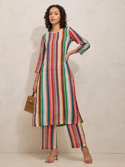 SHOWOFFFF - Women Multi-Color Cotton Blend Stripes Kurta with Pant