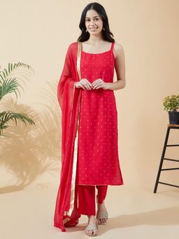 SHOWOFF - Women Red Cotton Blend Embellished Kurta with Pant and Dupatta