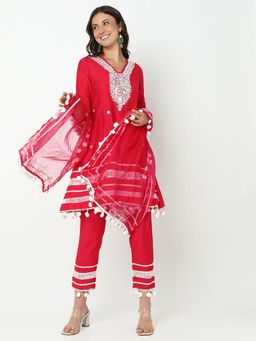 SHOWOFFFF - Women Red Cotton Blend Embroidered Kurta with Pant and Dupatta