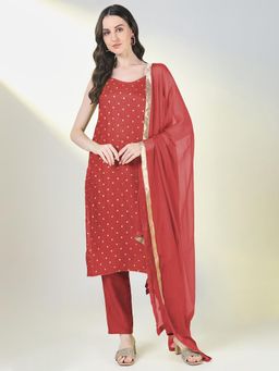 SHOWOFFFF - Women Red Cotton Blend Printed Kurta with Pant and Dupatta